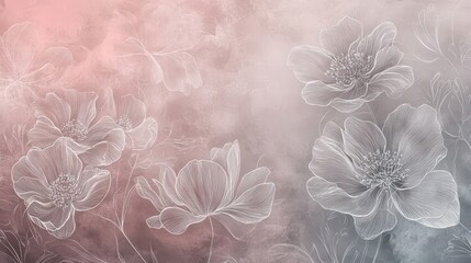 Wall Mural - A modern artistic background with abstract floral line art in silver ink layered over a gradient of blush and light gray hues