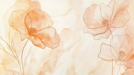 Canvas Print - An elegant botanical background with flowing continuous-line floral elements on a pastel peach watercolor texture