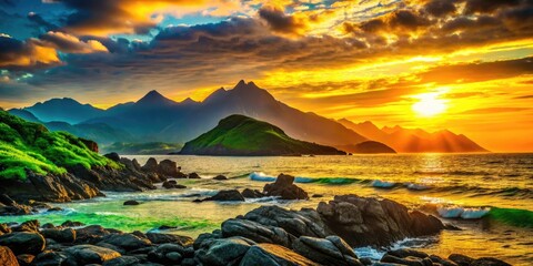 Wall Mural - Rocky coast, green hills, and majestic mountains silhouetted against a fiery ocean sunset.