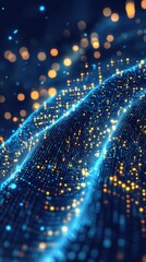 Poster - Abstract digital wave with glowing particles in blue and gold colors futuristic technology background with bokeh effect and dynamic perspective