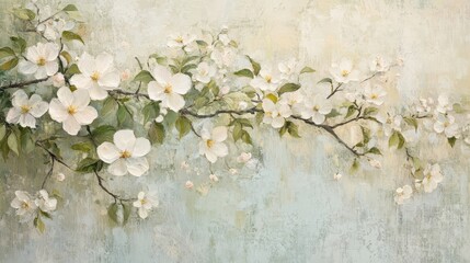 Wall Mural - A spring wallpaper with apple blossoms blooming under a sunlit sky glowing orbs of light adding warmth and texture