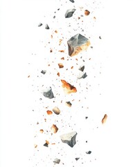 Poster - Watercolor Stone Fragments Suspended in Air Abstract Illustration with a Clean White Background and Dynamic Composition