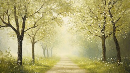 Wall Mural - A mystical spring landscape with towering trees covered in fresh green leaves dewdrops sparkling under the morning sunlight