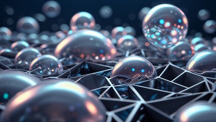 Poster - Bubbles float above a geometric surface creating an abstract visual in a futuristic environment