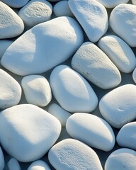 Poster - Serene arrangement of smooth white pebbles creating a calming zen atmosphere in natural daylight