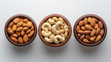 Poster - Three wooden bowls filled with almonds and cashews on a white surface showcasing healthy snack options and natural light
