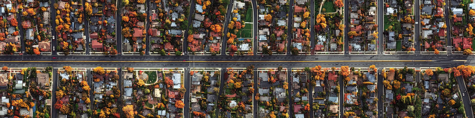 Rows of houses with colorful autumn foliage line a long road in a grid pattern. Concept of urban planning and seasonal beauty. For backgrounds or design projects.