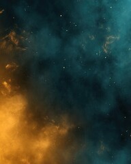 Poster - ethereal cosmic nebula with golden dust and teal clouds creating a celestial abstract background for