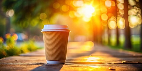 Poster - Minimalist Sunlit Coffee Cup: Bokeh Background Stock Photo