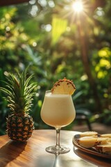 Poster - Refreshing pina colada cocktail with pineapple slice on wooden table amidst tropical greenery and bright sunlight in a serene outdoor setting