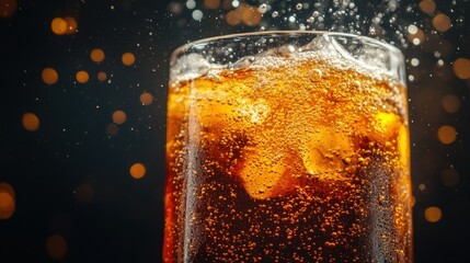 Poster - Refreshing cola beverage with ice cubes in a glass on dark background with bokeh lights studio shot