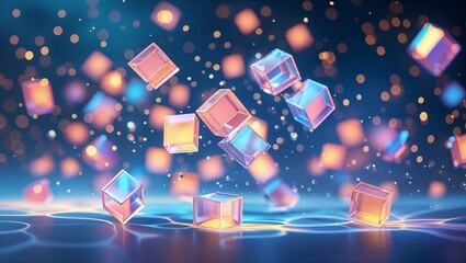 Poster - Colorful transparent cubes floating in a vibrant abstract background with sparkling light effects during a digital art creation