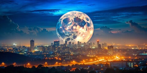 Poster - Mystical Full Moonrise Over Cityscape - Double Exposure Night Photography