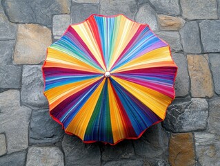 Poster - Vibrant rainbow umbrella against a rustic stone wall creating a striking contrast in color and texture with a cheerful mood and eye level angle