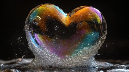 Poster - Ethereal heart shaped bubble iridescent hues on dark background macro photography love and fragility concept artistic visual