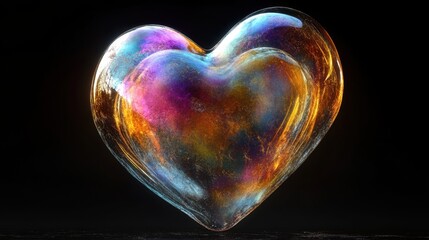 Poster - Luminous heart shaped iridescent bubble floating in dark space with vibrant colors and shimmering light creating a magical and ethereal effect