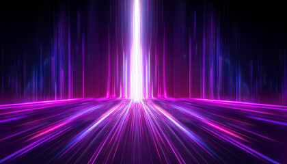 Wall Mural - Neon purple speed rays on the dark asphalt, velocity light neon purple pink flow, zoom in motion effect, purple glow speed lines, colorful light trails, stripes on black background.