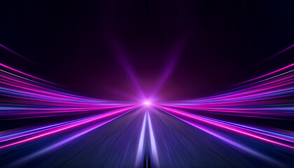 Wall Mural - Neon purple speed rays on the dark asphalt, velocity light neon purple pink flow, zoom in motion effect, purple glow speed lines, colorful light trails, stripes on black background.