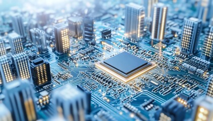 Fototapete - Cityscape on a circuit board