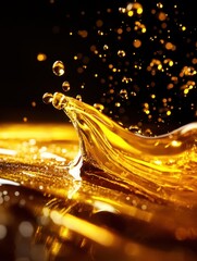 Poster - Golden liquid splash with dark background showcasing dynamic movement and abstract beauty in a studio shot with a low angle