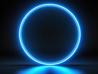 Fototapete - Luminous blue neon circle radiating futuristic glow on dark reflective surface abstract design element
