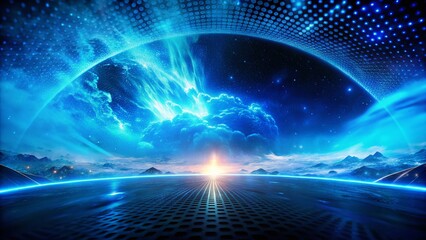 Poster - Panoramic Futuristic Blue Halftone Smoke Wave Background - Abstract Digital Art