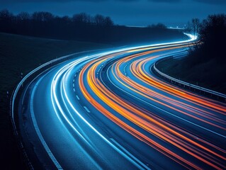 Poster - Dynamic highway at twilight with vibrant light trails creating a sense of speed and motion in the dark night