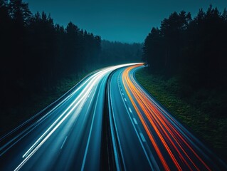 Poster - Dynamic light trails illuminate a winding highway through a dark forest at night creating a sense of speed and motion