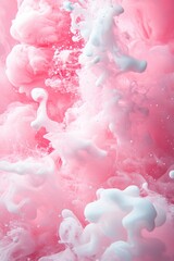Poster - Ethereal pink and white cloudscape of swirling ink in water creating a dreamy abstract background with soft light and gentle movement
