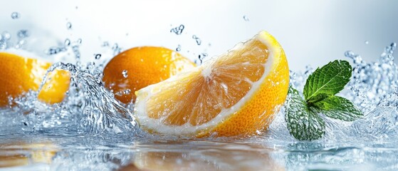 Poster - Refreshing Lemon Splash with Mint Leaves in Crystal Clear Water a Vibrant Citrus Still Life for Summer Drinks and Healthy Eating Concepts