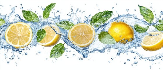 Poster - Refreshing Lemon Splash with Mint Leaves in Vibrant Water Stream on White Backdrop for Summer Beverage and Healthy Lifestyle