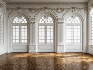 Poster - Elegant interior with arched windows and herringbone floor showcasing classic architecture and bright natural light creating a serene and sophisticated ambiance