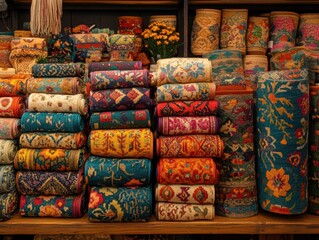 Poster - Vibrant assortment of rolled rugs with intricate patterns creating a rich tapestry of color and texture