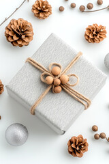 Wall Mural - white box with a brown ribbon and a bunch of pine cones on top of it. concept of warmth and coziness