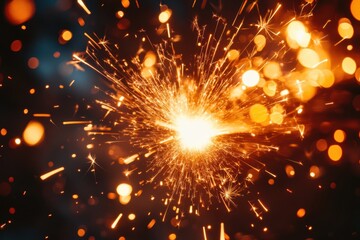 Poster - Festive sparkler emitting radiant golden light against a dark backdrop creating a magical atmosphere for celebration