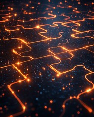 Poster - Abstract Puzzle Connection with Glowing Orange Lines on Dark Grid Background Represents Completeness and Solution