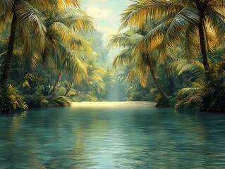 Wall Mural - vibrant glowing lagoon surrounded by swaying palm trees in tranquil tropical paradise