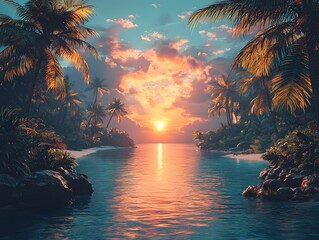 Wall Mural - vibrant glowing lagoon surrounded by swaying palm trees on tranquil tropical beach at sunset
