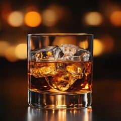 Poster - Golden whiskey delight with ice cubes in a glass against a blurred bokeh background creating a warm and inviting atmosphere for relaxation
