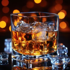 Poster - Amber liquor in glass with ice cubes on reflective surface against bokeh lights for elegant drink photography