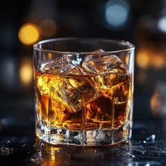 Poster - Golden Whiskey in a Glass with Ice Cubes on a Dark Tabletop with Bokeh Lights in the Background