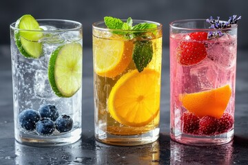 Poster - Refreshing fruit infused sparkling water in glasses on dark surface for healthy lifestyle and summer drinks photography