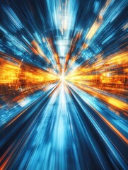 Poster - Abstract blue and orange light streaks converging in a central point creating a futuristic tunnel effect dynamic and energetic visual style with a blurred motion