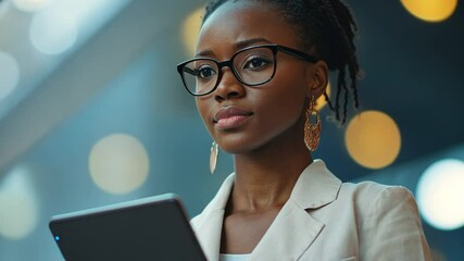Poster - Focused African Businesswoman: A focused and poised African businesswoman wearing glasses reviews data on a tablet in a modern office setting, embodying confidence and intelligence.