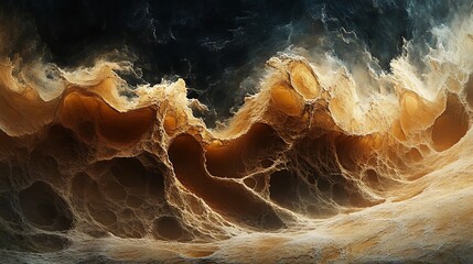 abstract swirling gold and brown textures resembling a landscape.