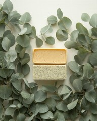 Poster - Artistic flat lay of handmade soaps with eucalyptus leaves on white background for spa and wellness concept