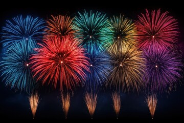 Poster - Vibrant fireworks exploding in a dark night sky creating a dazzling display of colorful light and energy celebration with a festive mood