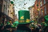 Saint Patrick's Day Celebration: Crowd in Green Hats with Confetti Rain