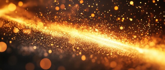 Poster - Ethereal golden light stream with sparkling particles on dark backdrop captures a magical and dreamy atmosphere perfect for festive designs and digital art