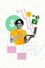 Aufkleber - Sketch design trend artwork poster 3D photo collage of young lady hold laptop earn money dollars occupation hr business human resources